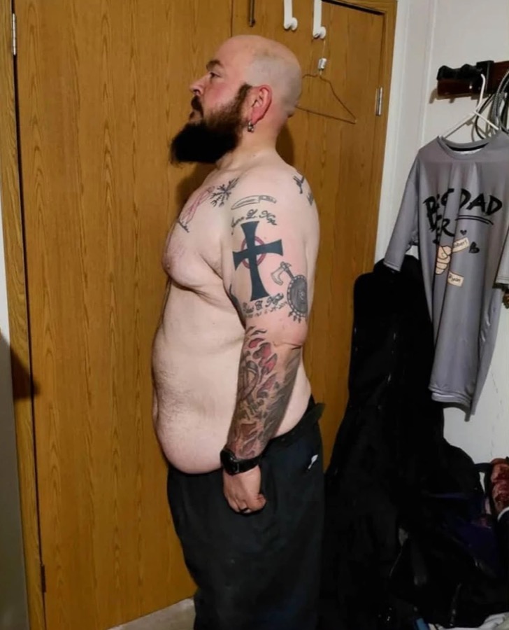 The same client after coaching, side profile, visibly leaner